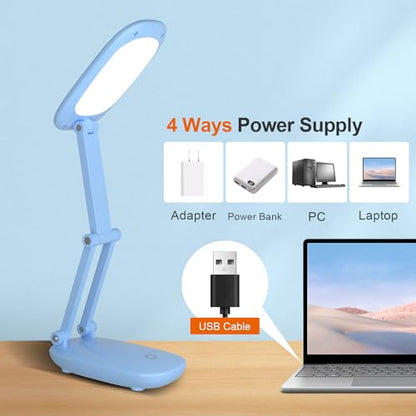 Akejrym LED Desk Lamp for Office & Home, Battery Operated, Foldable & Portable Light, 2-Fold Bracket, 3 Brightness Dimmable, Wireless Reading Lamp (Blue) - color: Blue