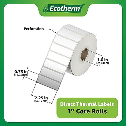 2.25" x .75" Thermal Labels | 4 Rolls | 7120 Labels | fits Zebra, Munbyn, Rollo, Godex, Arkscan, iDPRT, Offnova Thermal Label Printers and More | Blank White Adhesive Stickers by Ecotherm - size: 2.25 x .75 - 7120 Labels