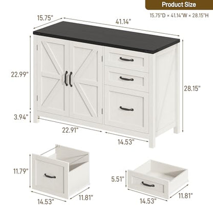 Farmhouse File Cabinet with Doors, Lateral Filing Cabinet, White and Black - color: White and Black, size: 15.75"D x 41.02"W x 28.23"H