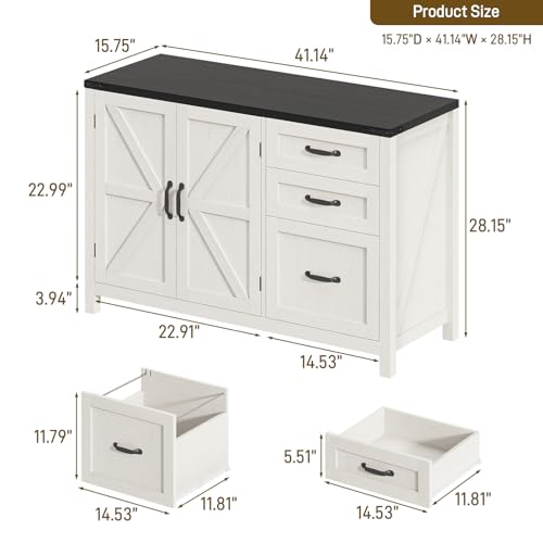 Farmhouse File Cabinet with Doors, Lateral Filing Cabinet, White and Black - color: White and Black, size: 15.75"D x 41.02"W x 28.23"H