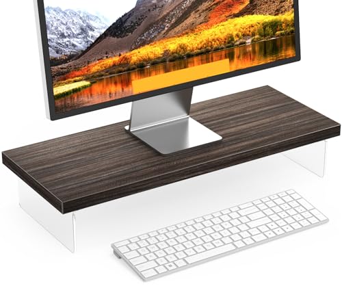 Monitor Stand Riser, 25x10 in Wood & Acrylic Computer Desk Organizer Shelf - color: Smoke Teak, size: 25*10 Inch
