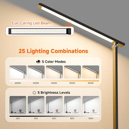 ShineTech LED Desk Lamp for Home Office, Foldable Reading Lamp with Adapter | Foldable, 25 Lighting Modes and Dimmable, Touch Control, Eye-Caring LED Light for Bedroom Nighstand with Small Night Light - color: Black