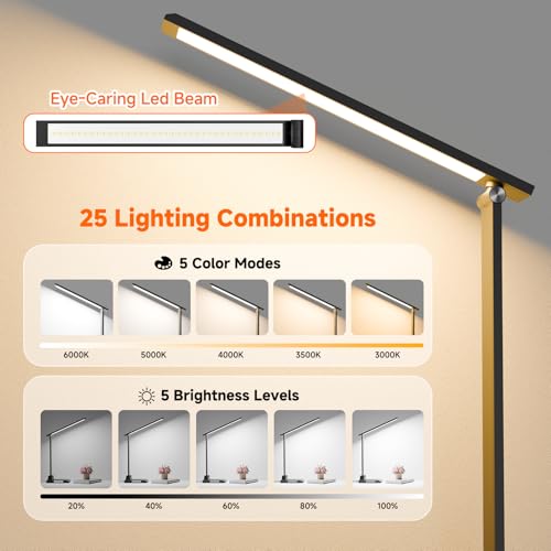 ShineTech LED Desk Lamp for Home Office, Foldable Reading Lamp with Adapter | Foldable, 25 Lighting Modes and Dimmable, Touch Control, Eye-Caring LED Light for Bedroom Nighstand with Small Night Light - color: Black