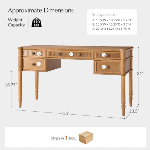 HULALA HOME 55 Inches Fluted Writing Desk with Charging Station, Teak - color: Teak