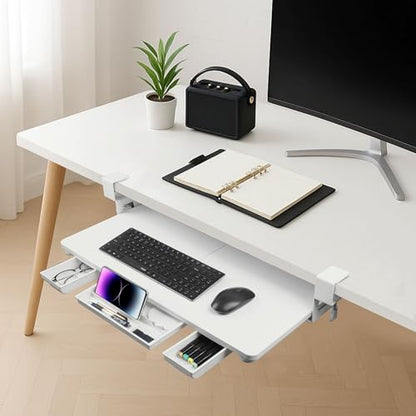 Keyboard Tray Under Desk with Drawer,26.77" X 11.81"Large Size Keyboard Tray with C Clamp-on Mount, Easy to Install, for Home Office (White) - color: White
