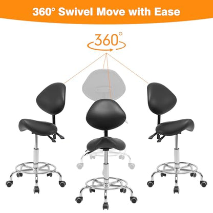 Saddle Stool Chair with Back Support and Wheels, Ergonomic Swivel Chair | Multi-functional Saddle Stool with Adjustable Height for Salon Dentist Clinic Tattoo Spa Saddle Rolling Stool Black
