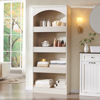 IFGET 76" Tall Arched Bookcase with 1PC Magnetic Lock Drawer, Cream | Modern Wooden Arch Bookshelf w/3 Pull-Out Drawers, Farmhouse 4 Tiers Book Shelf w/Open Shelves for Living Room, Office - color: Cream, size: With Drawers