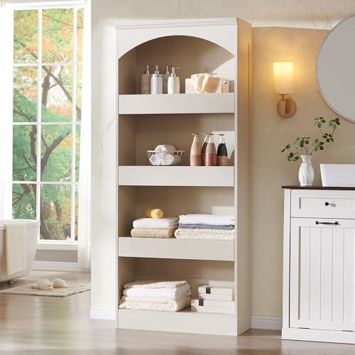 IFGET 76" Tall Arched Bookcase with 1PC Magnetic Lock Drawer, Cream | Modern Wooden Arch Bookshelf w/3 Pull-Out Drawers, Farmhouse 4 Tiers Book Shelf w/Open Shelves for Living Room, Office - color: Cream, size: With Drawers