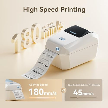 NIIMBOT K3 Desktop Label Printer, 3 Inch,180mm/s High Speed, White | Support Bluetooth and USB Connection, Come with 1 Roll Tapes, Thermal Label Maker for Small Business and Home Office - color: White