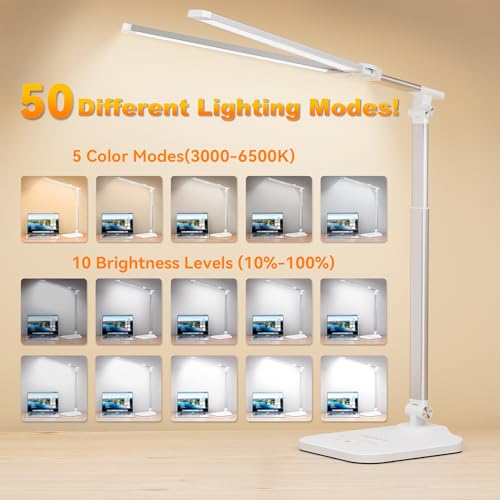 LED Desk Lamp for Home Office, Height Adjustable Architect Desk Light | with USB Adapter, Dimming 50 Lighting Modes, Eye Caring Double Head Computer Desk Lamp for Reading, Study, Workbench - color: White