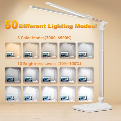 LED Desk Lamp for Home Office, Height Adjustable Architect Desk Light | with USB Adapter, Dimming 50 Lighting Modes, Eye Caring Double Head Computer Desk Lamp for Reading, Study, Workbench - color: White