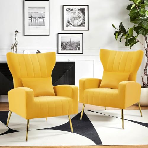 Modern Accent Chairs Set of 2, Wingback Chair with Arm & Gold Legs, Living Room Bedroom Side Chair with Lumbar Pillow, Velvet Upholstered, Channel Tufted, Yellow - color: Yellow, size: 2PCS with Channel Tufted