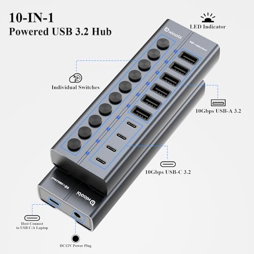 Powered USB Hub, 10-Port USB C Hub with 6 USB-A 3.2, 4 USB-C 3.2 Ports - color: Gery