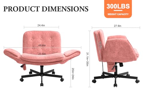 Criss Cross Chair with Lumbar Airbag & Folding Arms Relieve Back Pain, Wide Cross Legged Office Chair for Home Office, Comfy Swivel Desk Chair with Wheels, 5 Level Adjustable Armrest, Chenille(Pink) - color: Pink, style: With Airbag Lumbar Support