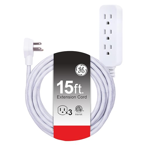GE 3-Outlet Power Strip 15 Ft Braided Extension Cord with Multiple Outlets | Grounded Flat Plug ETL Listed White 40530 - size: 15 Ft