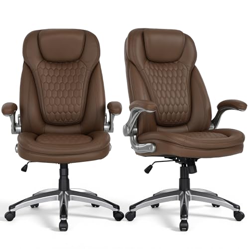 COLAMY Office Chair Ergonomic Desk Chair Set of 2-Executive Office Chair with Upgraded Caters, High Back Computer Chair Flip-up Arms, Swivel Leather Chair for Work/Study, 300lbs, Brown - color: Brown, size: set of 2