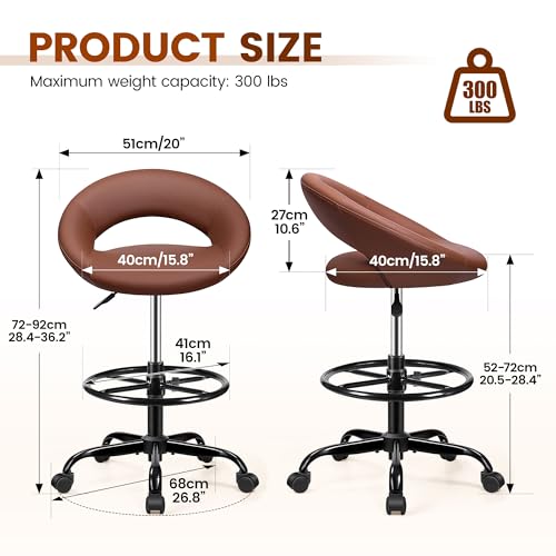 Rolling Bar Stool with Back Support & Wheels, PU Leather Brown | Drafting Chair with Adjustable Foot Rest, 360° Swivel Tall Stool for Office Kitchen Island Salon Garage Vanity Standing Desk - color: Brown, size: 1 Pack