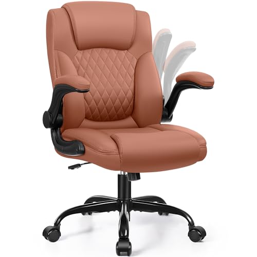 Leather Office Chair, PU Home Computer Desk Chairs with Ergonomic Back Support, 360°Swivel Free，Small Gaming Chair with Wheels and Adjustable Armrests, for Short People Use - color: Brown, size: 1 Pack