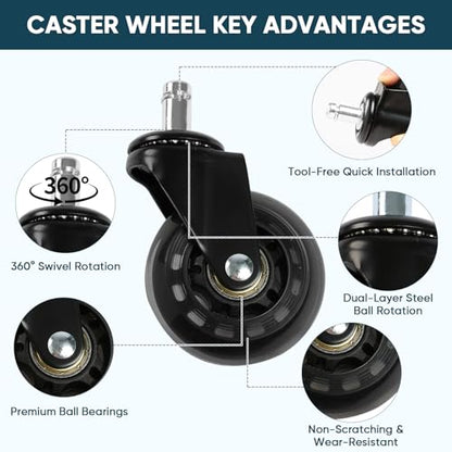 2.5 Inch Office Chair Wheels Set of 5, Replacement Casters for Hardwood Floors, Carpet & Tile - Universal Fit, Quiet & Safe Rolling, Easy to Install for Most Office and Gaming Chairs