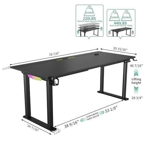JWX 71-Inch Dual Motor 4-Leg Standing Gaming Desk with LED | Flip-up cable panel with rear LED strip and acrylic side lights creates soft desktop glow or immersive backlighting. - size: Flip Up-Black