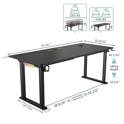 JWX 71-Inch Dual Motor 4-Leg Standing Gaming Desk with LED | Flip-up cable panel with rear LED strip and acrylic side lights creates soft desktop glow or immersive backlighting. - size: Flip Up-Black