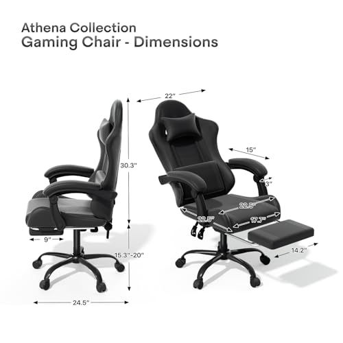 Athena Collection Ergonomic Gaming Chair for Adults, Carbon Fiber Black | Height Adjustable Office Chair Computer Desk Chair with Footrest & Headrest Lumbar Support for Office & Home, 350lbs - color: Carbon Fiber Black