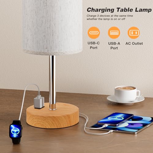Fenmzee Touch Table Lamp - Cream, 3-Way Dimmable, USB A + C Charging, AC Outlet, 17.4inch Medium, Wood Grain Base - color: Cream Shade-Wood Base, size: 17.4" Touch Control