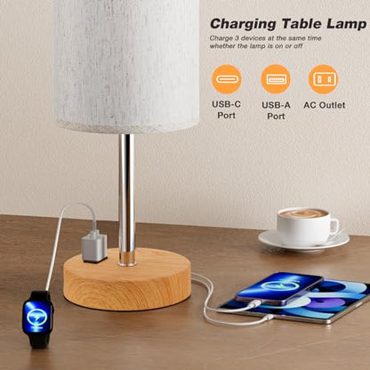 Fenmzee Touch Table Lamp - Cream, 3-Way Dimmable, USB A + C Charging, AC Outlet, 17.4inch Medium, Wood Grain Base - color: Cream Shade-Wood Base, size: 17.4" Touch Control