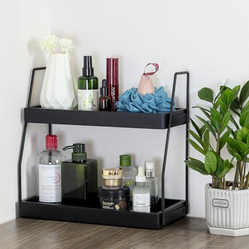 Demigo 2-Tier Bathroom Countertop Organizer, Black Acacia Wood Storage Rack | 13.6 x 14 x 6.7 inches Counter Standing Rack, Storage Shelf for Vanity Kitchen Counter Office Desk Makeup & Cosmetic