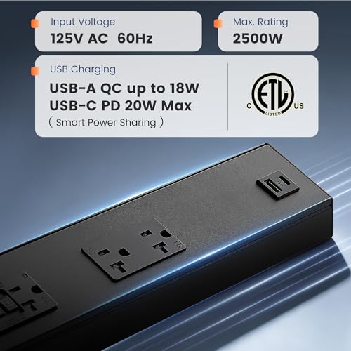 SURAIELEC 16 in Under Cabinet Power Strip with GFCI Outlet, Hardwire - color: Black, size: 1 Pack
