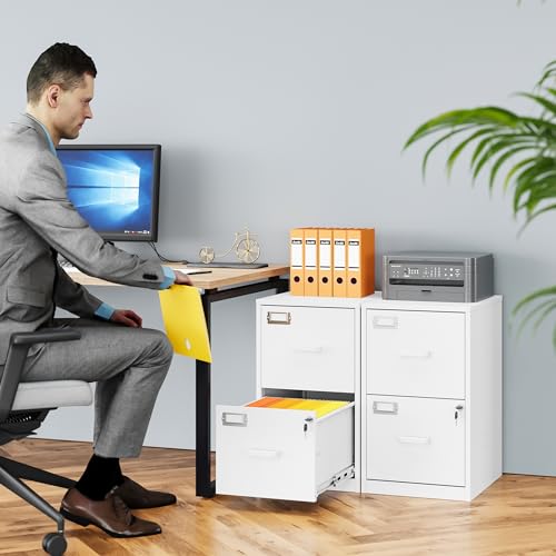 2 Drawer File Cabinet with Lock,Narrow Vertical Filing Cabinet,Under Desk File Cabinets,White Metal File Cabinets for Home Office,Fit Letter/A4/Legal Size File,Easy Assembly - color: White, style: 2 Drawer