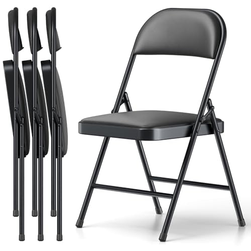 Folding Chair, PU Leather Padded Folding Chairs for Outside and Indoor, Comfy Heavy Duty Portable Foldable Chairs Metal Commercial Seat for Office, Dorm, Party, Lawn, Patio - color: Coal Black, size: 4 Pack