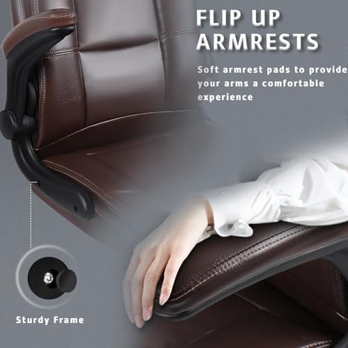 LEMBERI Flip-up Arms Office Desk Chair Big and Tall Managerial Executive Chair, High Back Computer Chair Ergonomic Adjustable Height PU Leather Chairs with Armrest for Long Time Sitting - color: New Brown
