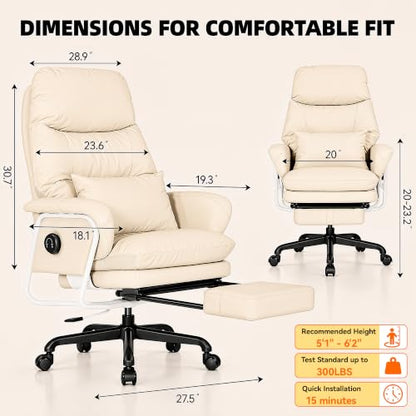 180° Reclining Office Chair with Footrest, PU Leather, Beige - color: Beige