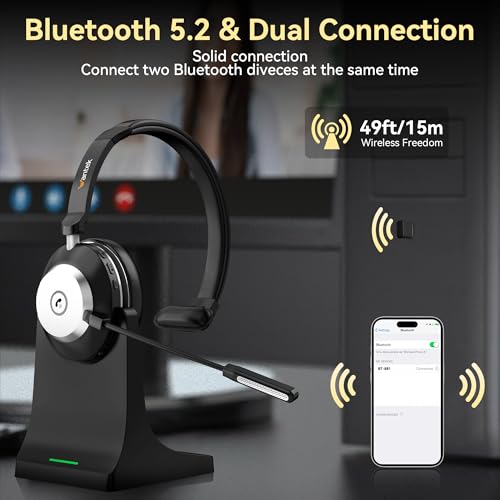 Wantek Wireless Headset with Mic, Bluetooth Headset with Microphone, On-Ear Wireless Headphones with Mic Noise Canceling, Mute Button, Charging Dock for PC, Laptop, Work, Zoom, Teams & Call Center