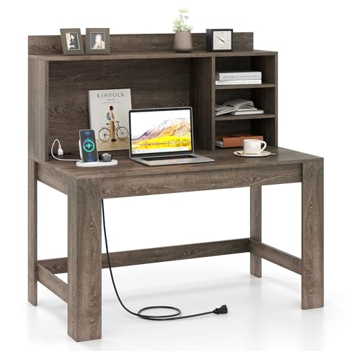 Giantex Computer Desk with Hutch, Modern Home Office Desk with Power Outlets, Storage Shelves & Cable Hole, Makeup Vanity Table, Study Writing Desk for Bedroom Office Small Space (Grey Oak) - color: Grey Oak