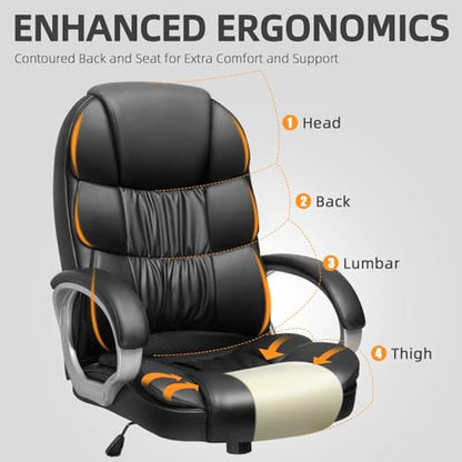 Furmax Leather High Back Office Chair Ergonomic Executive Office Chair Swivel Computer Desk Chair Lumbar Support Soft Cushioned Padded Arms (Ink Black) - color: Ink Black
