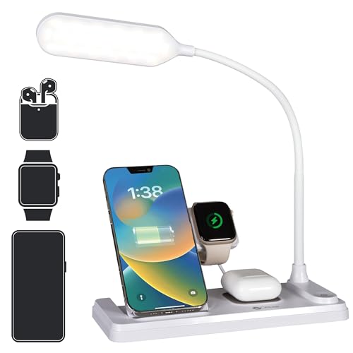 OttLite LED Desk Lamp with Multi-Device Wireless Charging Station, White | Smartwatch Charging Stand | 3 Color Temperature Modes | Flexible Neck | ClearSun LEDs Reduce Eyestrain