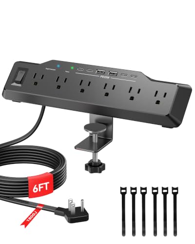Desk Clamp Power Strip Surge Protector with 1800J, 6 Ft Mount Power Strip 6 Outlets and 6 USB (Any C Port 35W) for Laptop, Home Office Dorm, Fits 1.96" Table Edge - color: Black