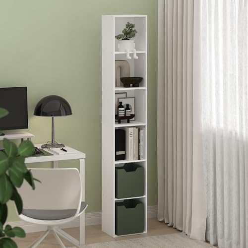 Furinno LUDER Book Shelf, 6-Tier Tall Modern Bookshelf, Bookcase with Open Shelves, 9.3 x 12 x 71, for Living Room, Bedroom, Home Office, White - color: White, size: 6-Tier, 12.1-Inch Width