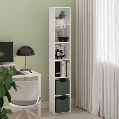 Furinno LUDER Book Shelf, 6-Tier Tall Modern Bookshelf, Bookcase with Open Shelves, 9.3 x 12 x 71, for Living Room, Bedroom, Home Office, White - color: White, size: 6-Tier, 12.1-Inch Width
