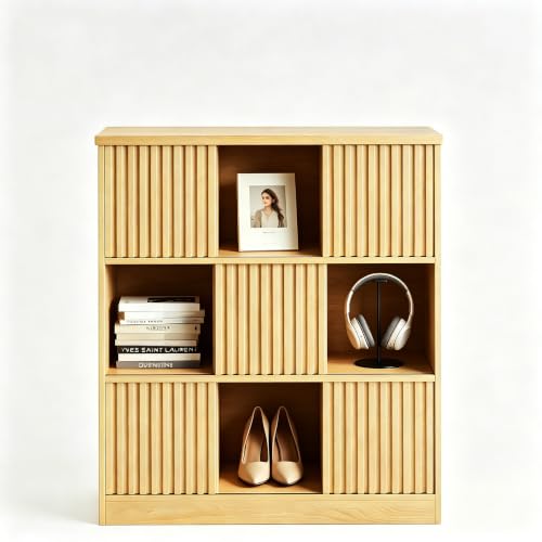 9 Cube Storage Organizer, Wooden Cube Shelves with Closed Back Panel, 3-Tier Storage with 5 Sliding Doors,Cubes Closet Organizer for Living Room,Office,Bedroom,Study,Hallway Natural Oak - color: B-natural Oak, size: 9 Cube Storage