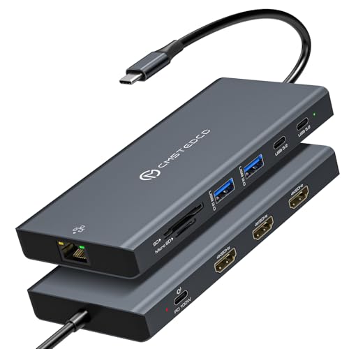 USB C Docking Station 3 Monitors 100W PD 12 in 1 Thunderbolt to Triple HDMI Monitors Docking Station USB C Hub Multiple Adapter, 2xUSB-C 3.2, 2xUSB-A 3.0, SD Card, 1000Mbps Ethernet - color: Dark Grey