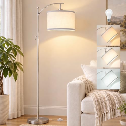 Brushed Nickel Arc Floor Lamp Adjustable Height 55-63in 3 Color 9W LED Bulb - color: Silver+White Shade-Arc