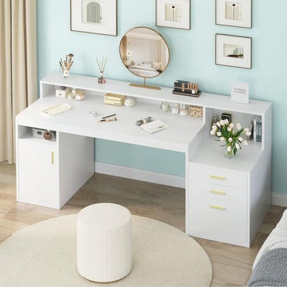 65" White Computer Desk with 3 Drawers & Printer Shelf for Home Office - color: White