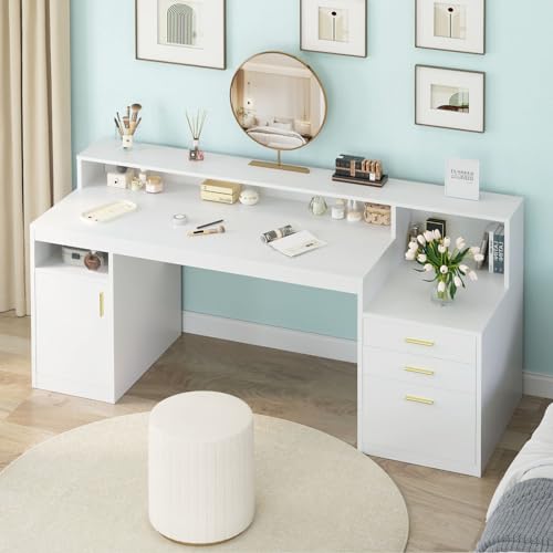 65" White Computer Desk with 3 Drawers & Printer Shelf for Home Office | White Desk with Printer Shelf & File Drawer, Executive Desk Writing Study Table with Monitor Stand, Storage Cabinet - color: White