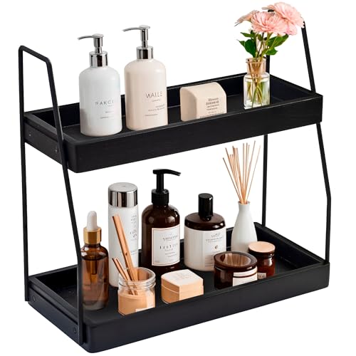 Demigo 2-Tier Bathroom Countertop Organizer, Black Acacia Wood Storage Rack | 13.6 x 14 x 6.7 inches Counter Standing Rack, Storage Shelf for Vanity Kitchen Counter Office Desk Makeup & Cosmetic