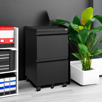 BYNSOE 2 Drawers File Cabinet with Lock Metal Vertical File Cabient with Wheels Mobile File Cabinet for Office Home Legal/Letter/a4 Size Require Assembly - color: Black, size: 27.36"H x 17.71"D x 15"W
