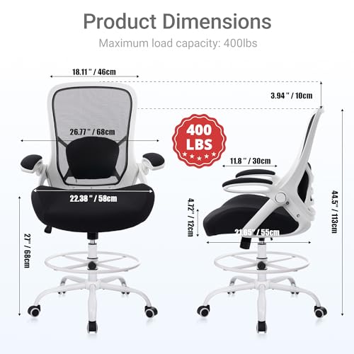 HYLONE 400lbs Heavy Duty Drafting Chair 5" Thickened Seat Office Chair with Flip-Up Armrests Tall Ergonomic Computer Chair with Lumbar Support and Adjustable Footrest Ring Standing Desk Chair (Black) - color: Black&white