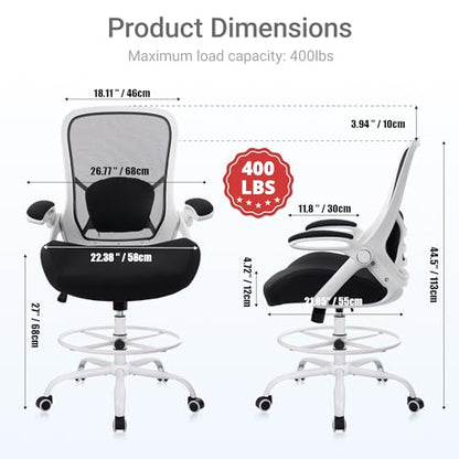 HYLONE 400lbs Heavy Duty Drafting Chair 5" Thickened Seat Office Chair with Flip-Up Armrests Tall Ergonomic Computer Chair with Lumbar Support and Adjustable Footrest Ring Standing Desk Chair (Black) - color: Black&white